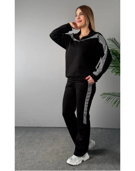 Kadın Fermuar Ve Ekose Detay weatshirt Ve Pantolon üç Iplik Kumaş Ikili Takım