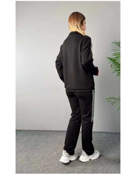 Kadın Fermuar Ve Ekose Detay weatshirt Ve Pantolon üç Iplik Kumaş Ikili Takım