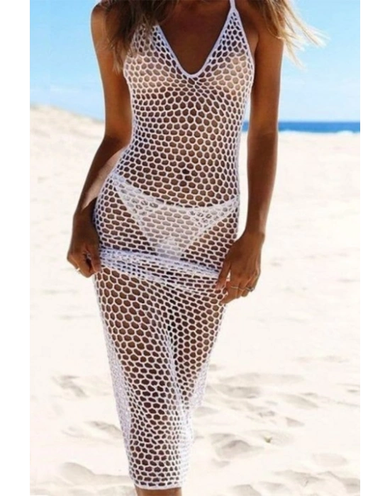 Kadın File Desen Tam Boy Askılı Triko Pareo