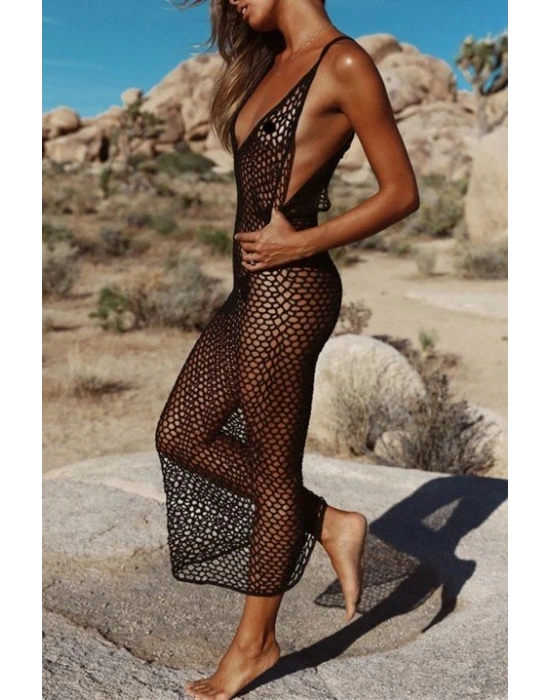 Kadın File Desen Tam Boy Askılı Triko Pareo