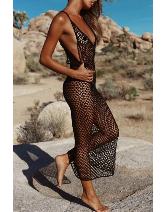 Kadın File Desen Tam Boy Askılı Triko Pareo