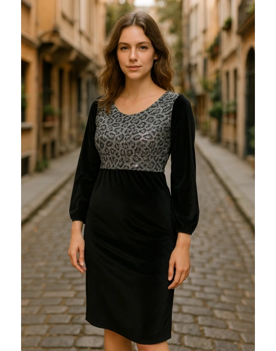 Kadın Fırsat ürünü Leopar Desen Pul Payet Işlemeli Midi Boy Kadife Kumaş Elbise