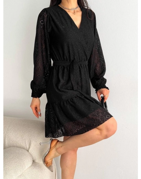 Kadın Fırsat ürünü Kruvaze Yaka Güpürlü Mini Elbise