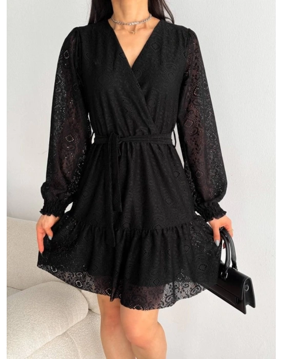 Kadın Fırsat ürünü Kruvaze Yaka Güpürlü Mini Elbise