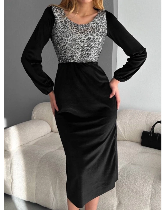 Kadın Fırsat ürünü Leopar Desen Pul Payet Işlemeli Midi Boy Kadife Kumaş Elbise