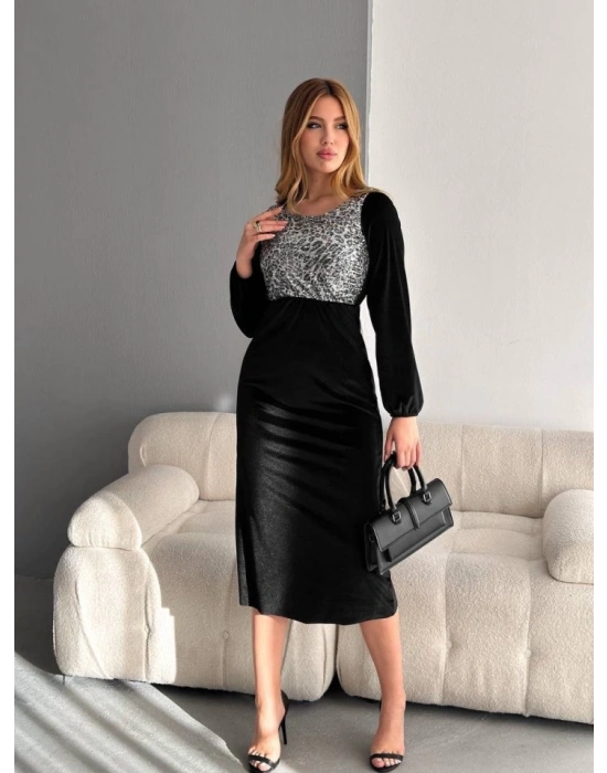 Kadın Fırsat ürünü Leopar Desen Pul Payet Işlemeli Midi Boy Kadife Kumaş Elbise