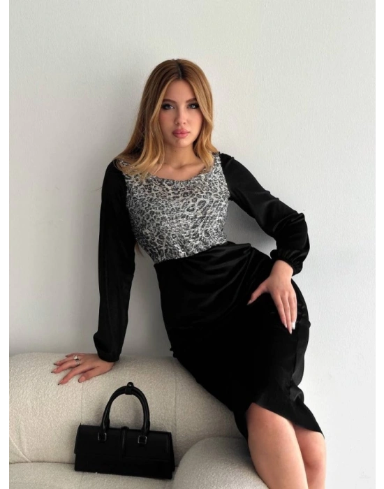 Kadın Fırsat ürünü Leopar Desen Pul Payet Işlemeli Midi Boy Kadife Kumaş Elbise