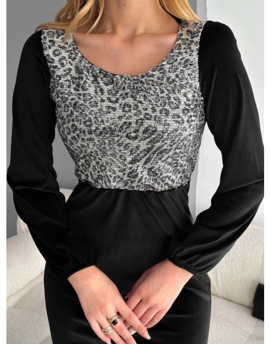 Kadın Fırsat ürünü Leopar Desen Pul Payet Işlemeli Midi Boy Kadife Kumaş Elbise