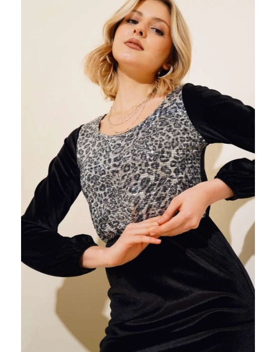 Kadın Fırsat ürünü Leopar Desen Pul Payet Işlemeli Midi Boy Kadife Kumaş Elbise