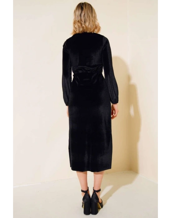 Kadın Fırsat ürünü Leopar Desen Pul Payet Işlemeli Midi Boy Kadife Kumaş Elbise