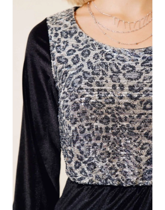 Kadın Fırsat ürünü Leopar Desen Pul Payet Işlemeli Midi Boy Kadife Kumaş Elbise