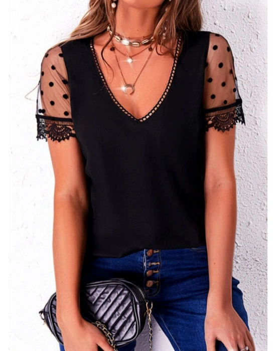 Kadın Flok Tül Kol V Yaka Sandy Bluz