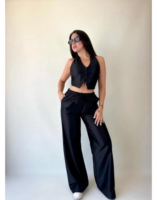 Kadın Gabardin Kumaş Boyundan Bağlamalı Yelek Bluz alaş Pantolon İkili Takım