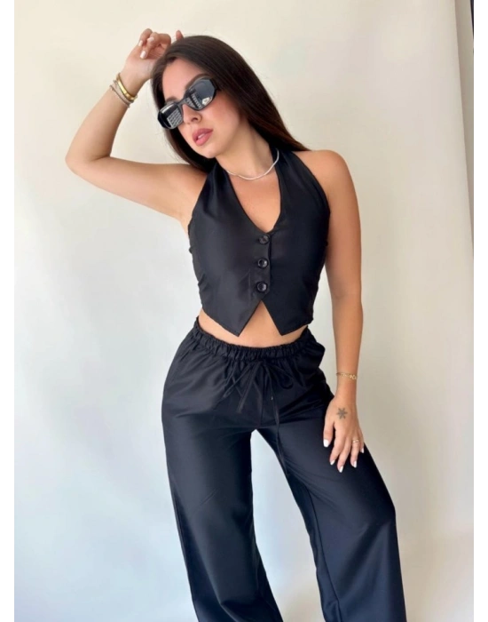 Kadın Gabardin Kumaş Boyundan Bağlamalı Yelek Bluz alaş Pantolon İkili Takım