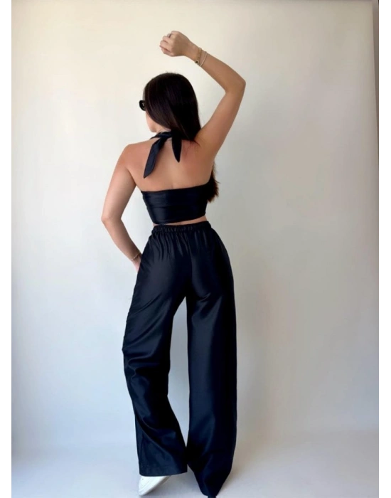 Kadın Gabardin Kumaş Boyundan Bağlamalı Yelek Bluz alaş Pantolon İkili Takım