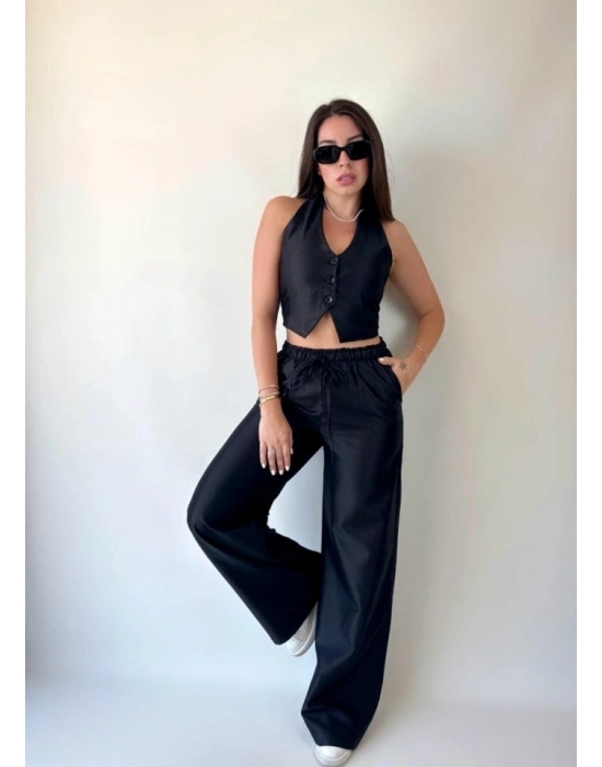 Kadın Gabardin Kumaş Boyundan Bağlamalı Yelek Bluz alaş Pantolon İkili Takım