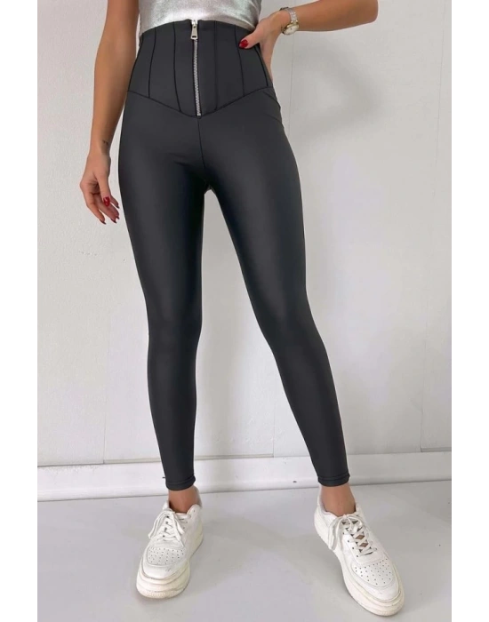 Kadın Geniş Fermuarlı Toparlayıcı Yüksek Bel Içi şardonlu Deri Tayt