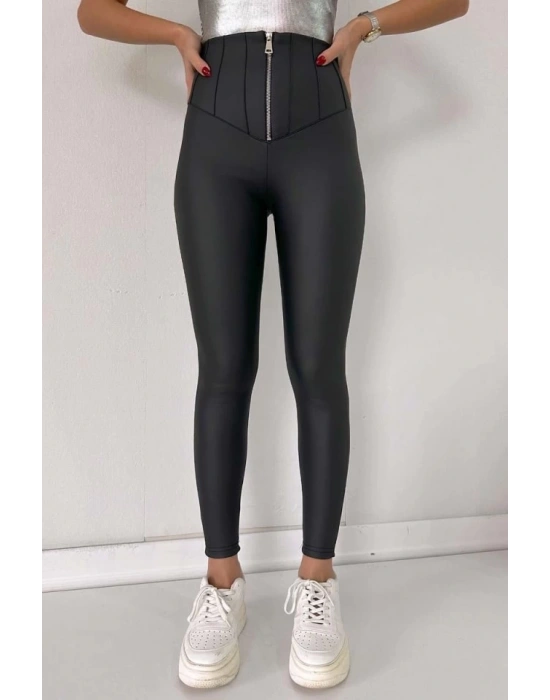 Kadın Geniş Fermuarlı Toparlayıcı Yüksek Bel Içi şardonlu Deri Tayt