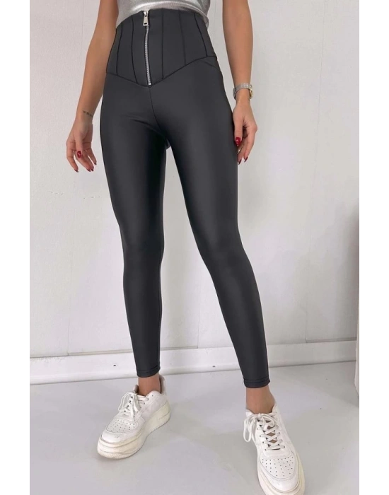 Kadın Geniş Fermuarlı Toparlayıcı Yüksek Bel Içi şardonlu Deri Tayt