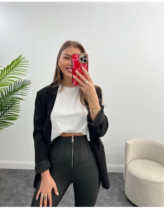 Kadın Geniş Fermuarlı Toparlayıcı Yüksek Bel Içi şardonlu Deri Tayt