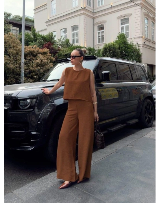 Kadın Geniş Paça Pantolon Ve Bluzlu Aerobin Kumaş Ikili Takım