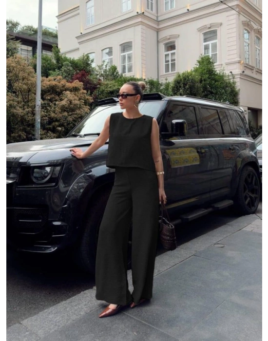 Kadın Geniş Paça Pantolon Ve Bluzlu Aerobin Kumaş Ikili Takım