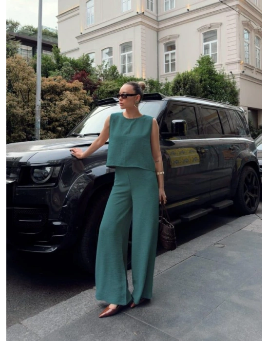 Kadın Geniş Paça Pantolon Ve Bluzlu Aerobin Kumaş Ikili Takım