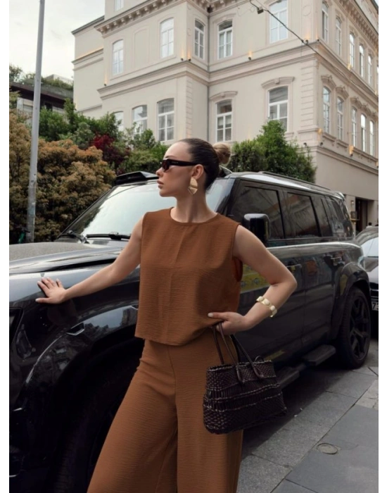 Kadın Geniş Paça Pantolon Ve Bluzlu Aerobin Kumaş Ikili Takım