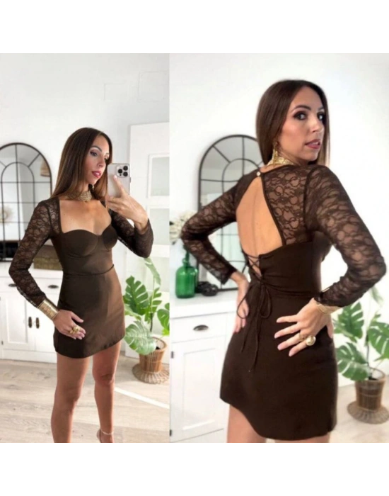 Kadın Gloplu Kare Yaka Dantel Transparan Ve ırt Dekoltesi Detaylı ini Elbise