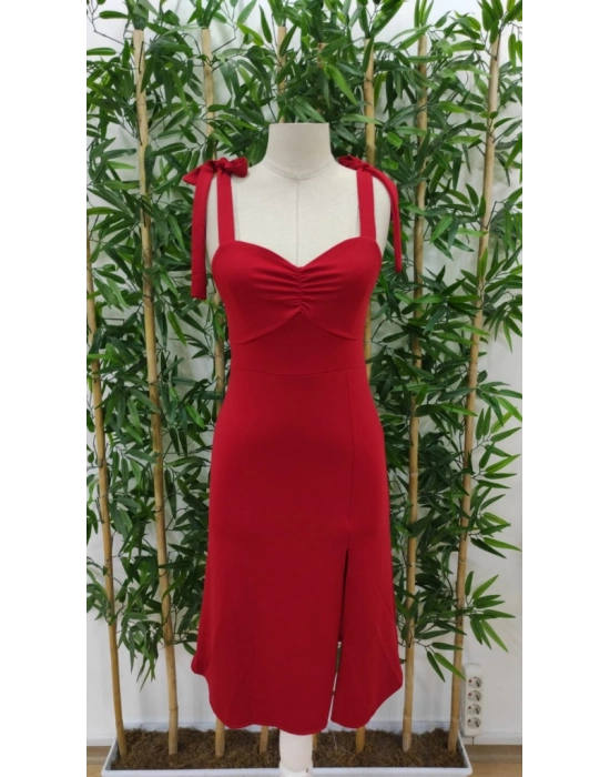 Kadın Göğüs Büzgü Detay Askıları Bağlamalı Yırtmaçlı Krep Elbise