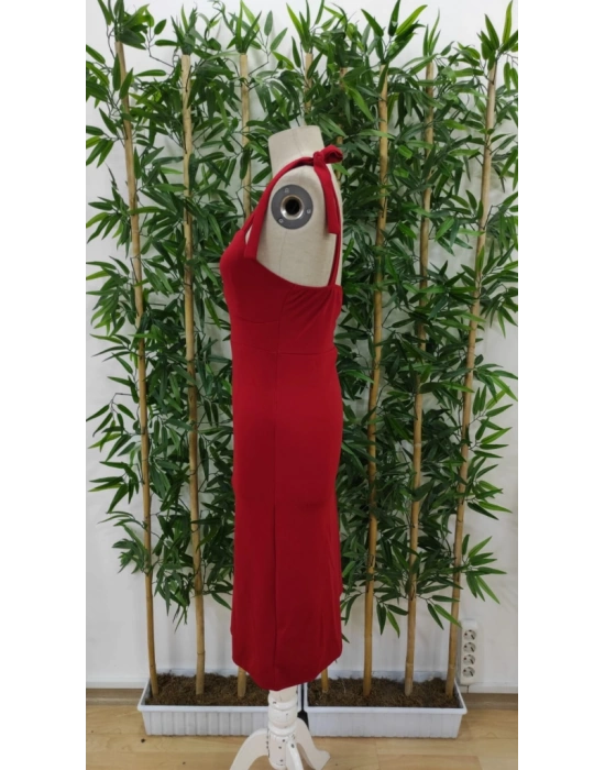 Kadın Göğüs Büzgü Detay Askıları Bağlamalı Yırtmaçlı Krep Elbise