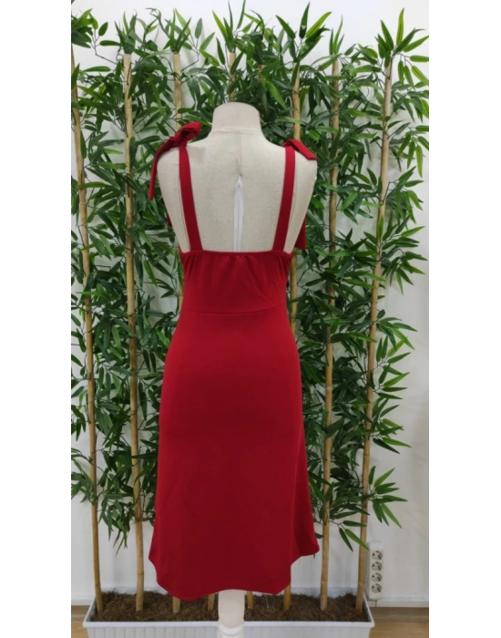 Kadın Göğüs Büzgü Detay Askıları Bağlamalı Yırtmaçlı Krep Elbise