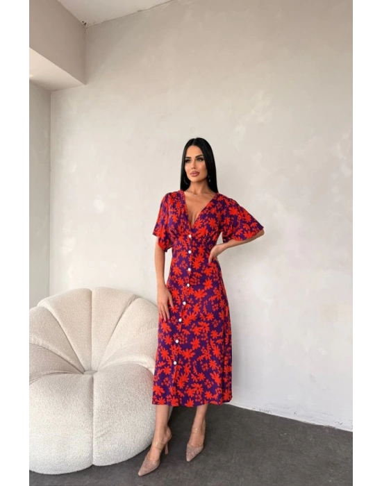 Kadın Göğüs Dekolteli Yaprak Desen Dokuma Viskon Kumaş axi Boy Elbise