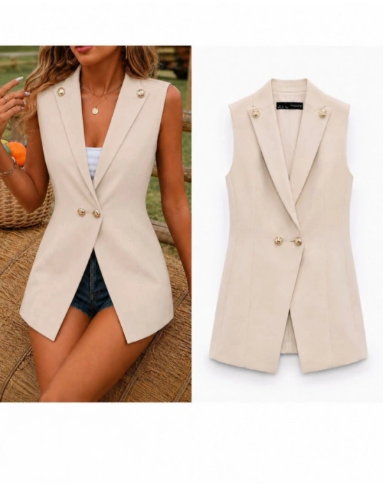 Kadın Gold Düğmeli Blazer Yaka Ceket