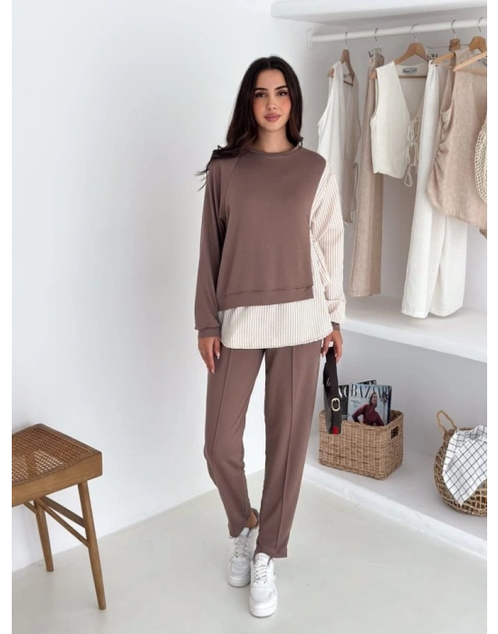 Kadın Gömlek Detay çizgili Yandan Bağlamalı Ikili Takım