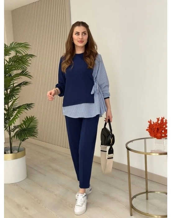 Kadın Gömlek Detay çizgili Yandan Bağlamalı Ikili Takım