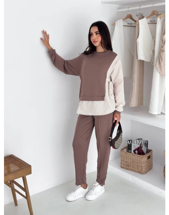 Kadın Gömlek Detay çizgili Yandan Bağlamalı Ikili Takım