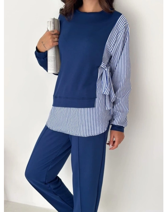 Kadın Gömlek Detay çizgili Yandan Bağlamalı Ikili Takım