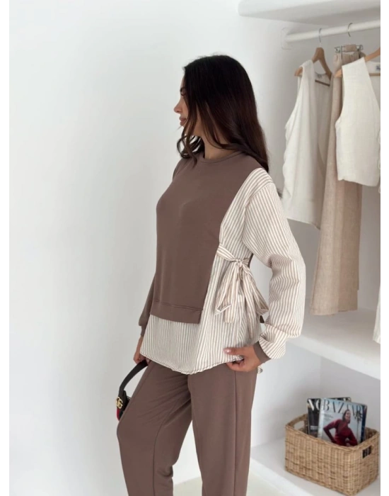 Kadın Gömlek Detay çizgili Yandan Bağlamalı Ikili Takım