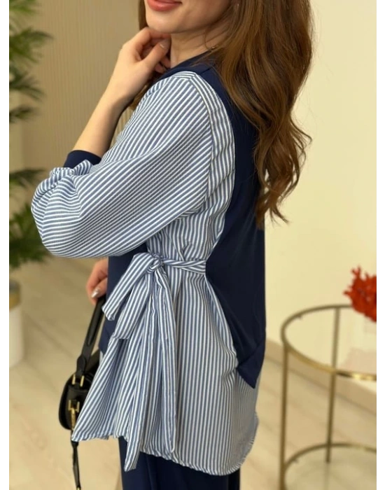 Kadın Gömlek Detay çizgili Yandan Bağlamalı Ikili Takım