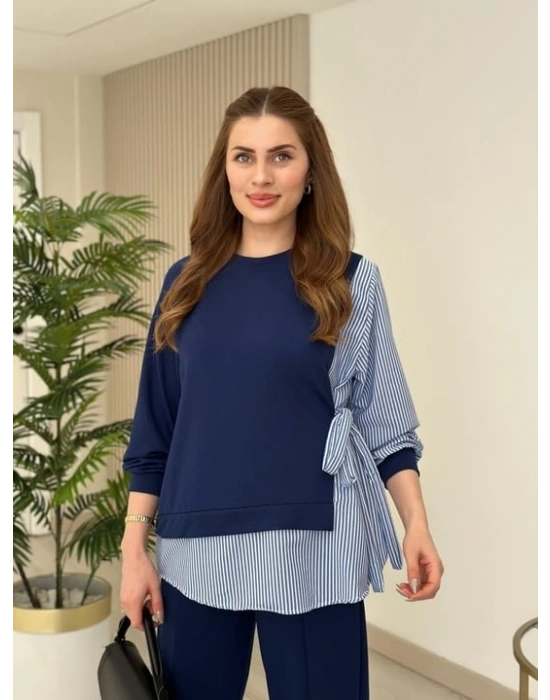 Kadın Gömlek Detay çizgili Yandan Bağlamalı Ikili Takım