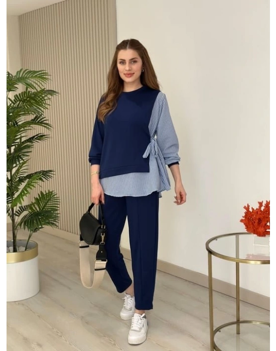 Kadın Gömlek Detay çizgili Yandan Bağlamalı Ikili Takım
