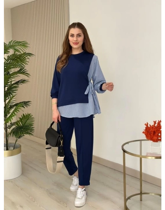 Kadın Gömlek Detay çizgili Yandan Bağlamalı Ikili Takım