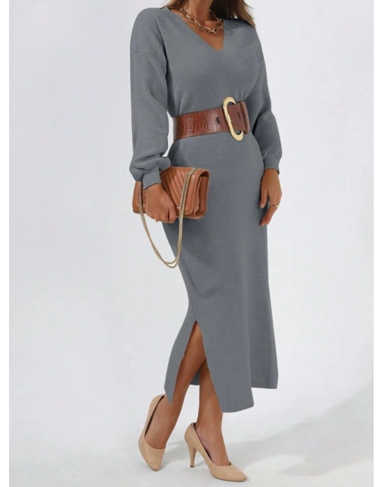 Kadın Gri Uzun Kollu Yırtmaçlı V Yaka Triko Elbise