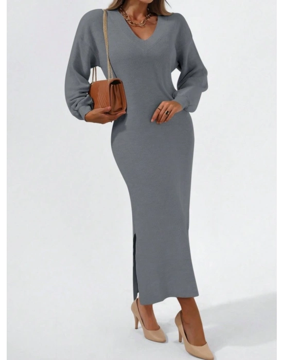Kadın Gri Uzun Kollu Yırtmaçlı V Yaka Triko Elbise