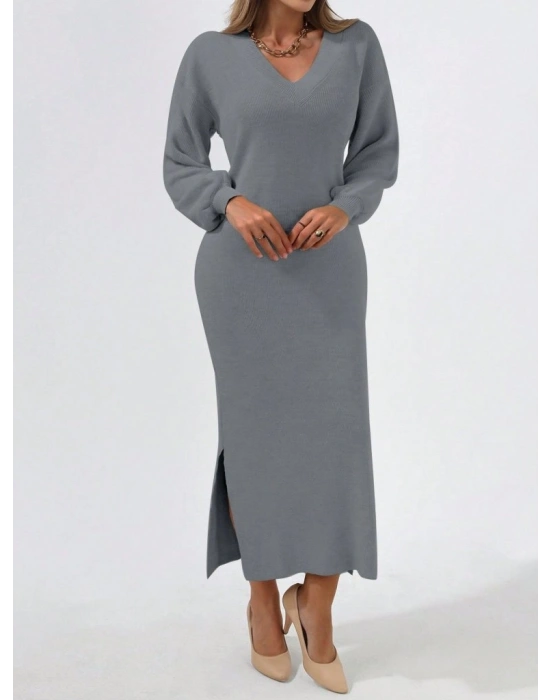 Kadın Gri Uzun Kollu Yırtmaçlı V Yaka Triko Elbise
