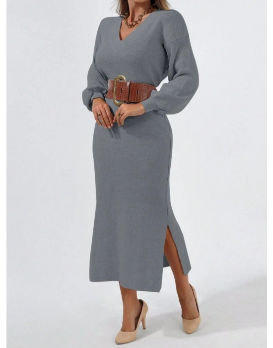 Kadın Gri Uzun Kollu Yırtmaçlı V Yaka Triko Elbise