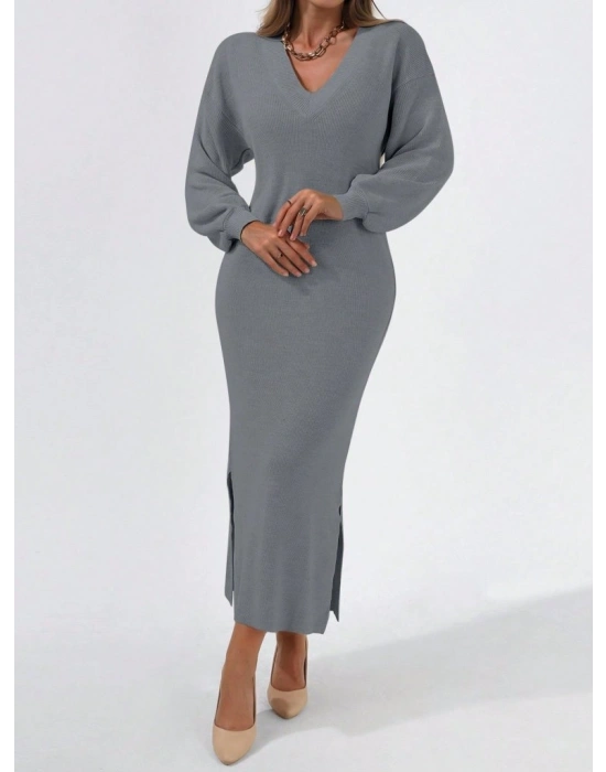 Kadın Gri Uzun Kollu Yırtmaçlı V Yaka Triko Elbise