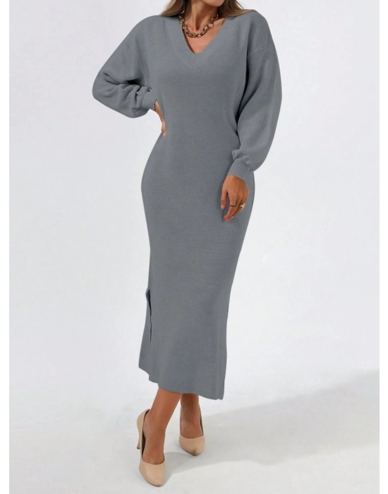 Kadın Gri Uzun Kollu Yırtmaçlı V Yaka Triko Elbise