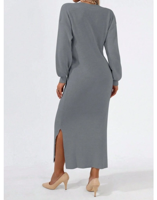Kadın Gri Uzun Kollu Yırtmaçlı V Yaka Triko Elbise